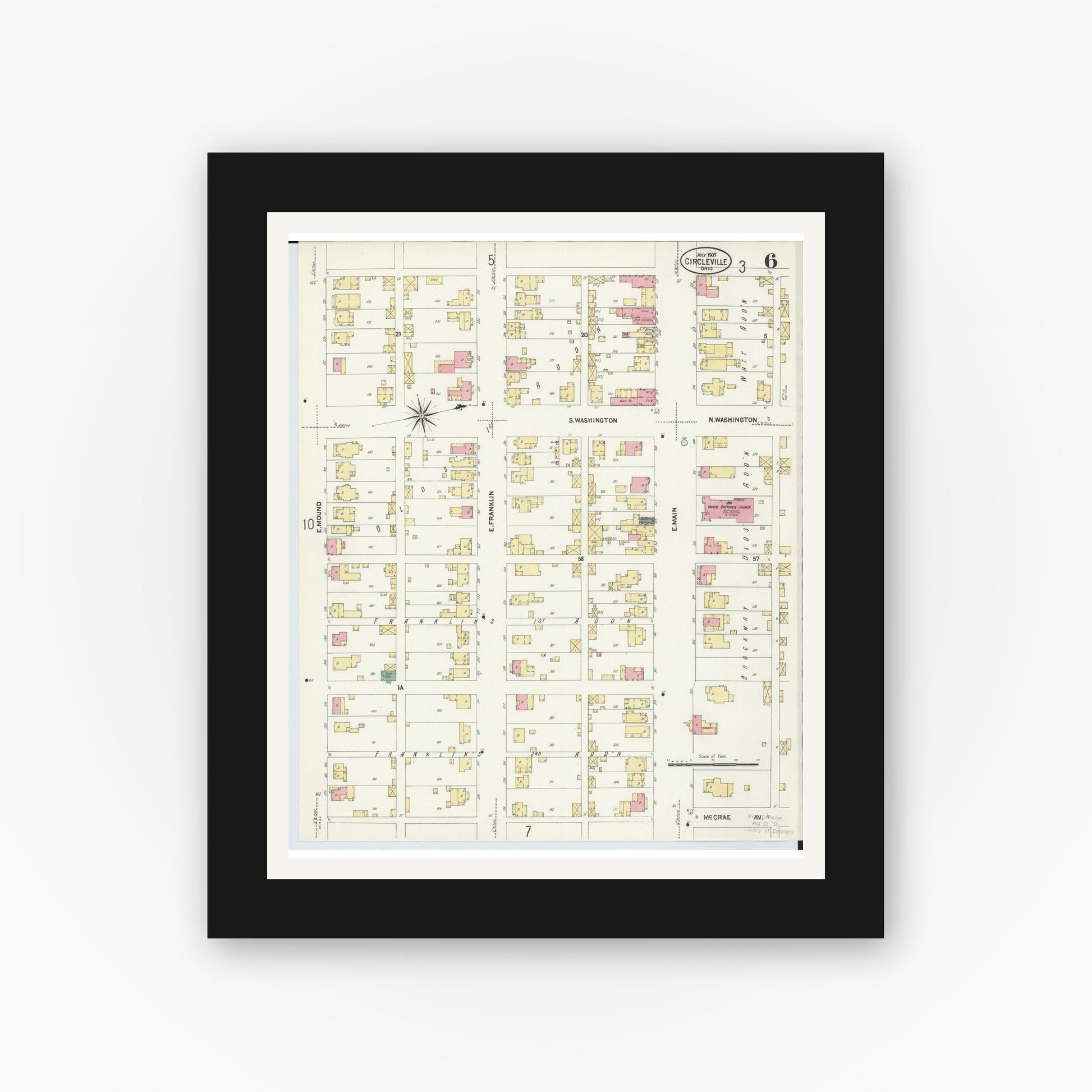Old map wall art mockup — black gallery frame with white mat — Sanborn Fire Insurance Map from Circleville, Pickaway County, Ohio (1907), Sheet #0006