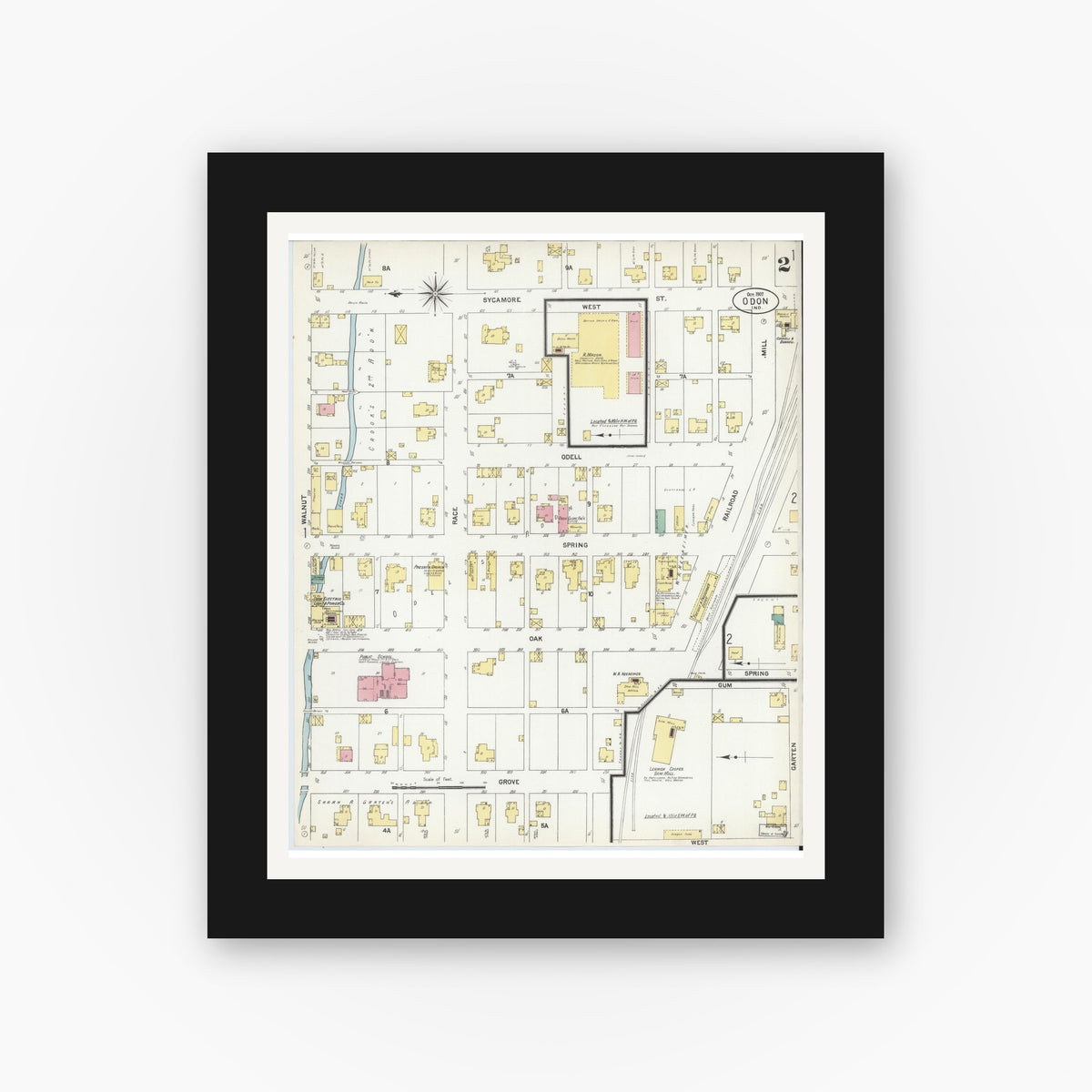 Old map wall art mockup — black gallery frame with white mat — Sanborn Fire Insurance Map from Odon, Daviess County, Indiana (1907), Sheet #0002