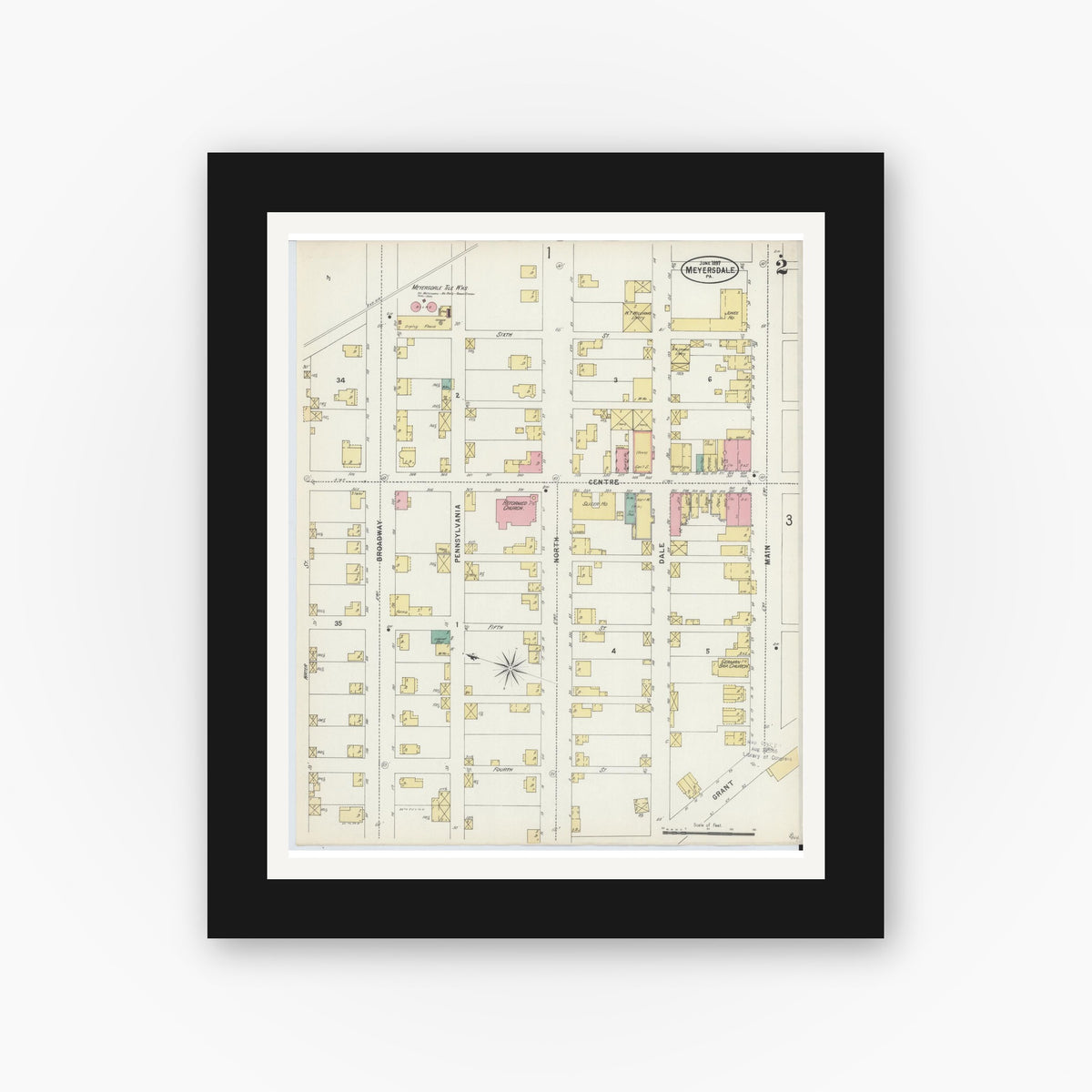 Old map wall art mockup — black gallery frame with white mat — Sanborn Fire Insurance Map from Meyersdale, Somerset County, Pennsylvania (1897), Sheet #0002
