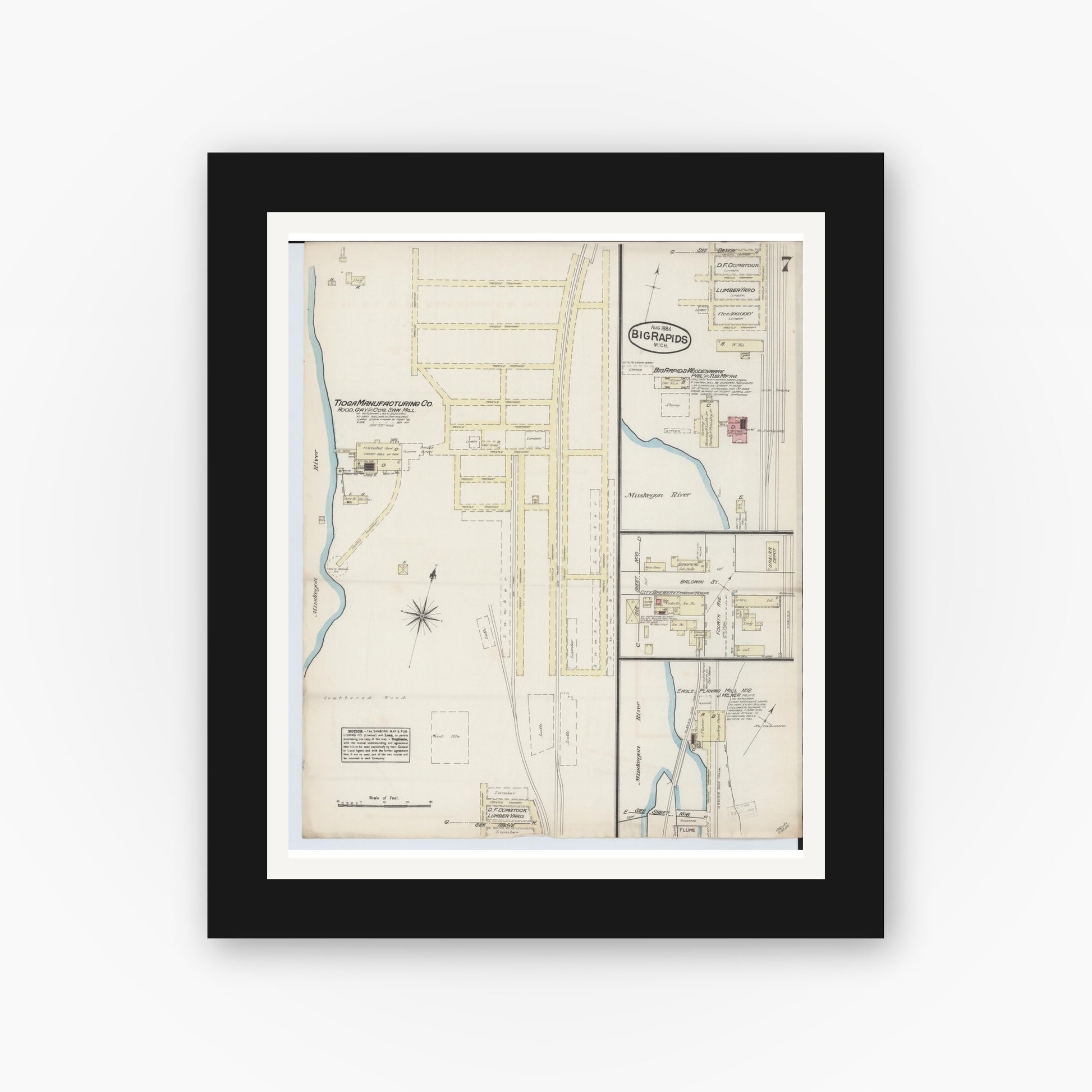 Old map wall art mockup — black gallery frame with white mat — Sanborn Fire Insurance Map from Big Rapids, Mecosta County, Michigan (1884), Sheet #0007