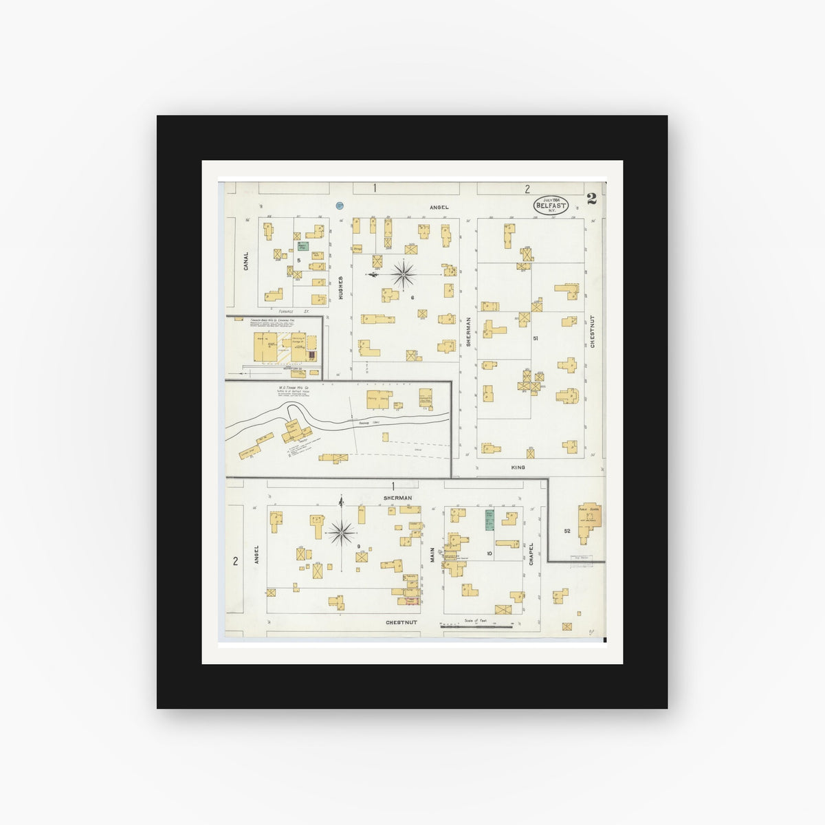 Old map wall art mockup — black gallery frame with white mat — Sanborn Fire Insurance Map from Belfast, Allegany County, New York (1904), Sheet #0002
