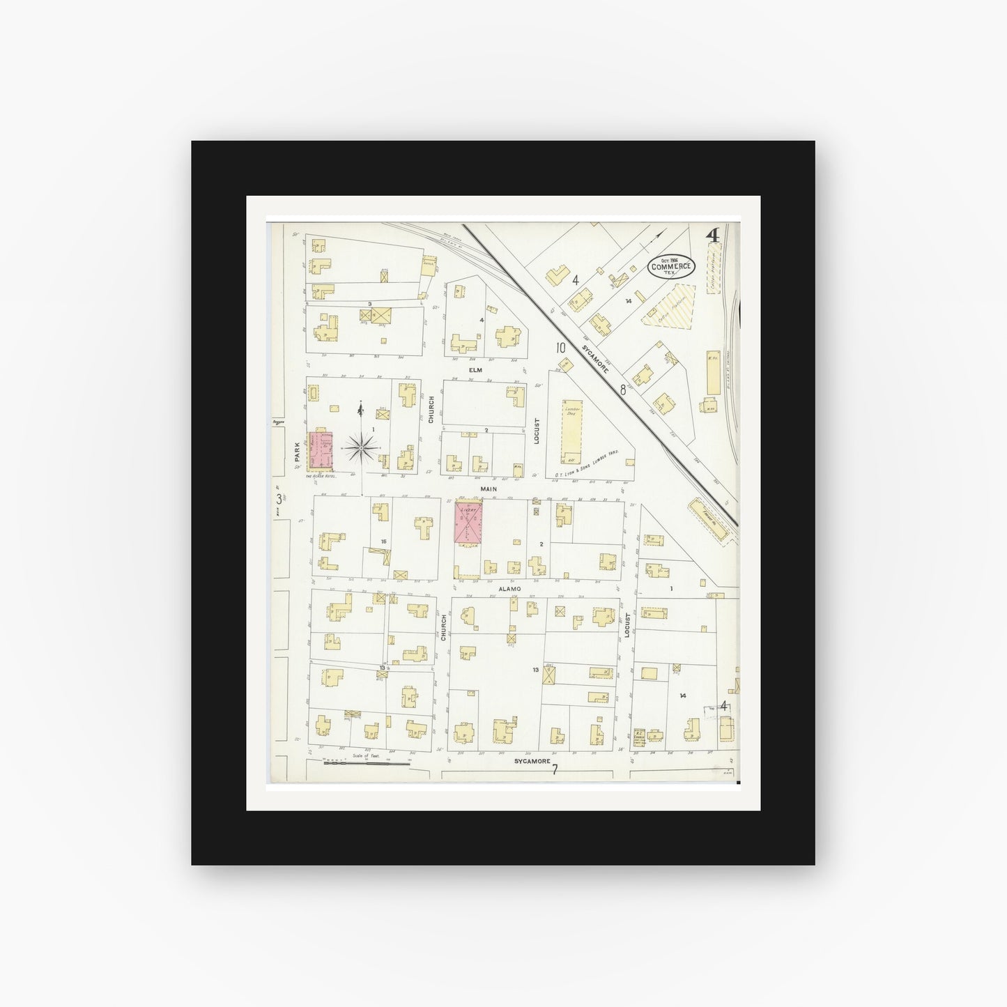 Old map wall art mockup — black gallery frame with white mat — Sanborn Fire Insurance Map from Commerce, Hunt County, Texas (1906), Sheet #0004