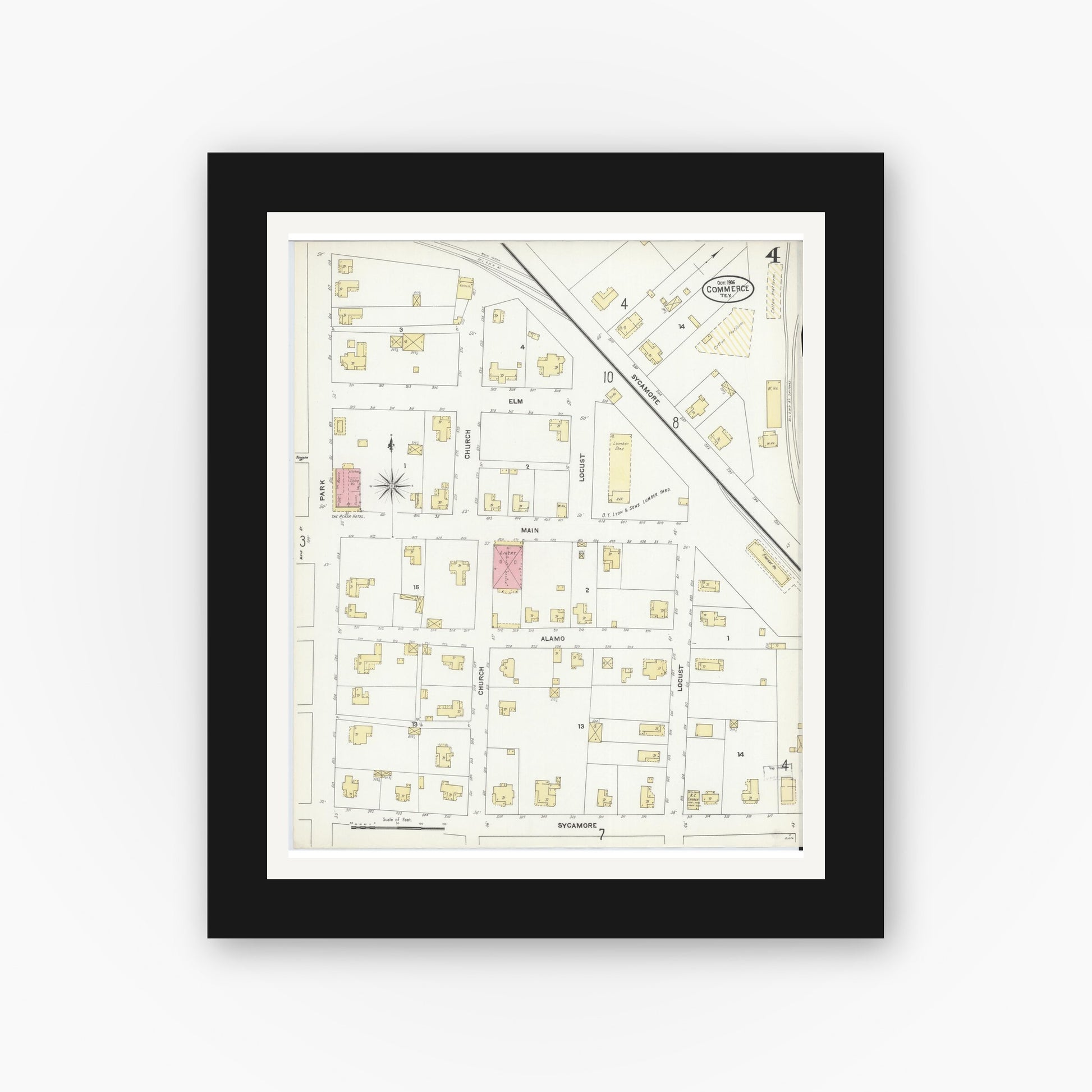 Old map wall art mockup — black gallery frame with white mat — Sanborn Fire Insurance Map from Commerce, Hunt County, Texas (1906), Sheet #0004