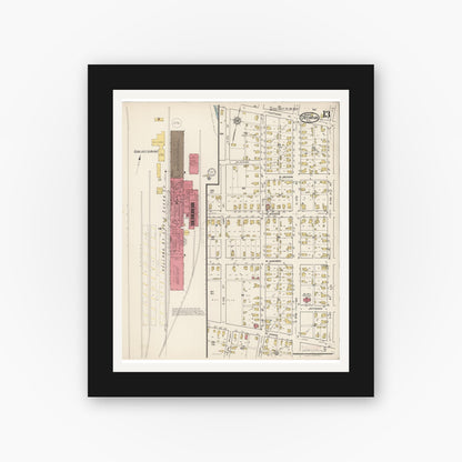 Old map wall art mockup — black gallery frame with white mat — Sanborn Fire Insurance Map from Decatur, Adams County, Indiana (1922), Sheet #0013