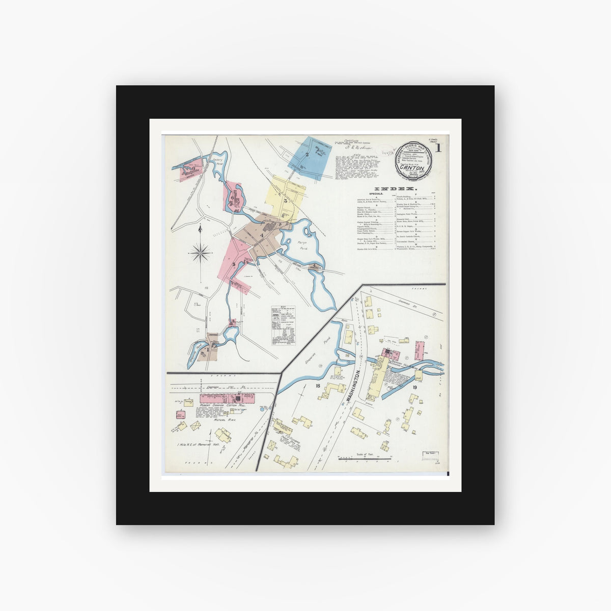 Old map wall art mockup — black gallery frame with white mat — Sanborn Fire Insurance Map from Canton, Norfolk County, Massachusetts (1891) - Complete Map Set