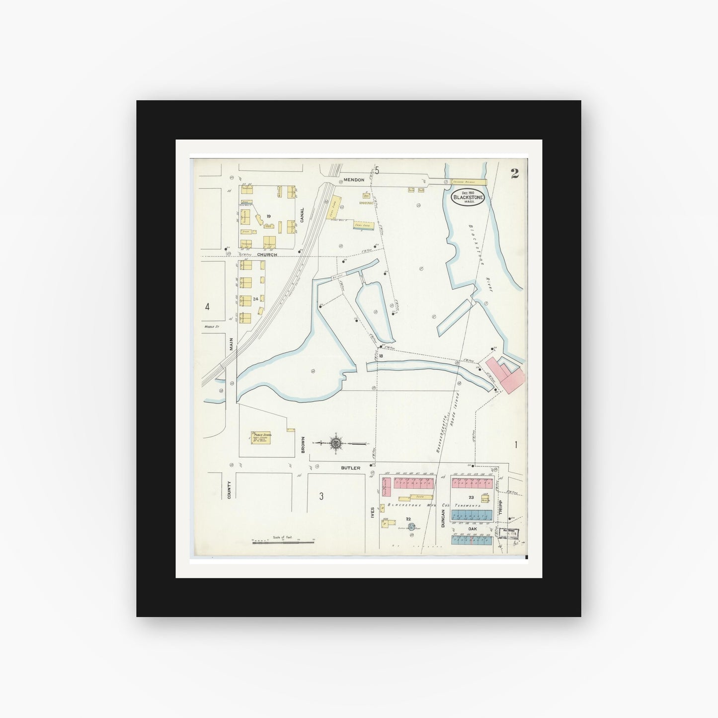 Old map wall art mockup — black gallery frame with white mat — Sanborn Fire Insurance Map from Blackstone, Worcester County, Massachusetts (1910), Sheet #0002