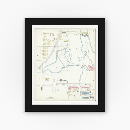 Old map wall art mockup — black gallery frame with white mat — Sanborn Fire Insurance Map from Blackstone, Worcester County, Massachusetts (1910), Sheet #0002