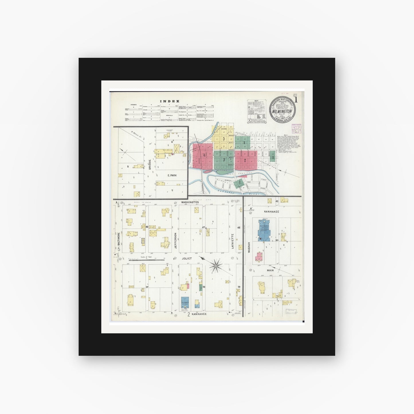 Old map wall art mockup — black gallery frame with white mat — Sanborn Fire Insurance Map from Wilmington, Will County, Illinois (1907), Sheet #0001