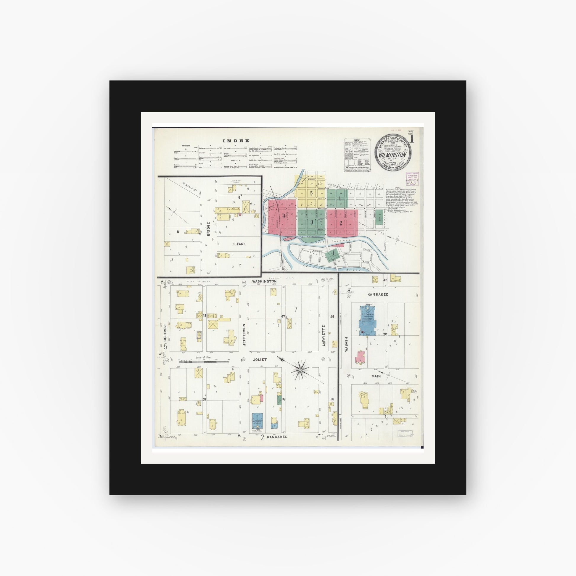 Old map wall art mockup — black gallery frame with white mat — Sanborn Fire Insurance Map from Wilmington, Will County, Illinois (1907), Sheet #0001