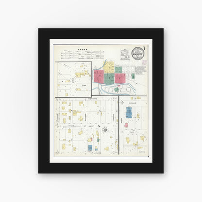 Old map wall art mockup — black gallery frame with white mat — Sanborn Fire Insurance Map from Wilmington, Will County, Illinois (1907), Sheet #0001
