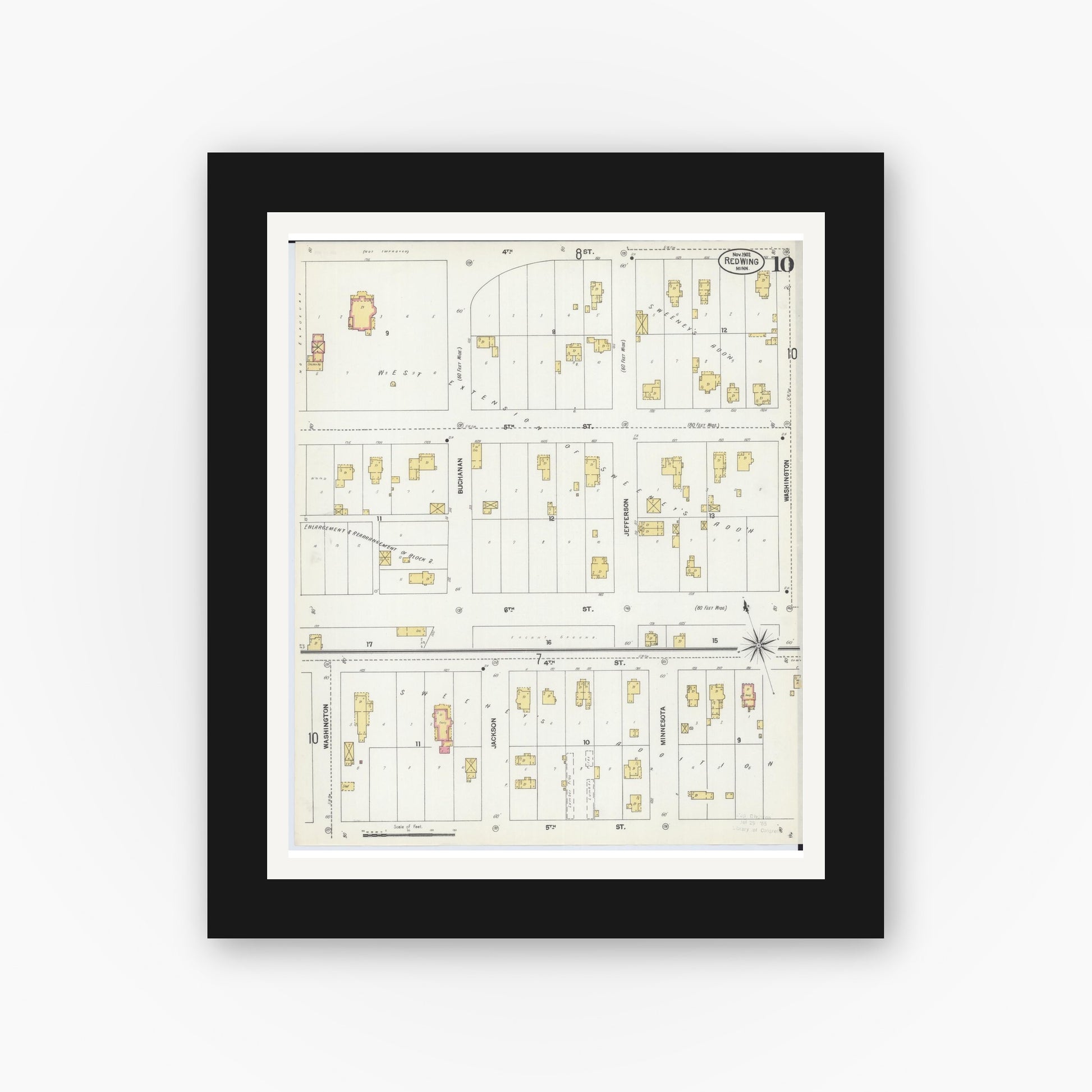 Old map wall art mockup — black gallery frame with white mat — Sanborn Fire Insurance Map from Red Wing, Goodhue County, Minnesota (1902), Sheet #0010