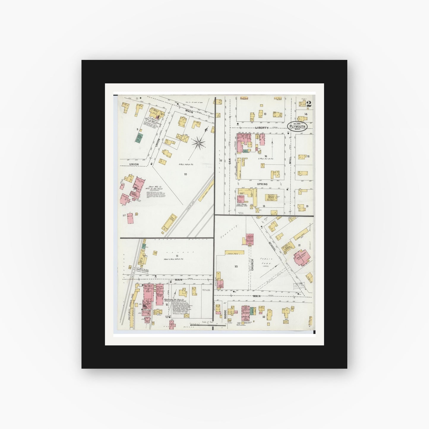 Old map wall art mockup — black gallery frame with white mat — Sanborn Fire Insurance Map from Plymouth, Wayne County, Michigan (1899), Sheet #0002