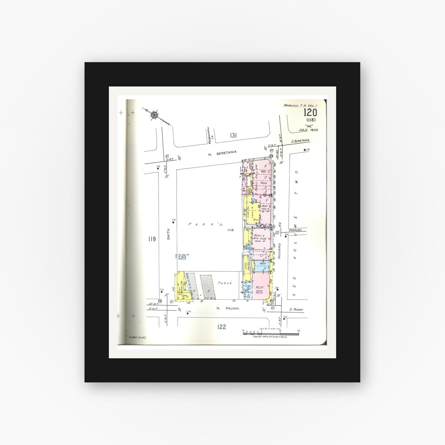 Old map wall art mockup — black gallery frame with white mat — Sanborn Fire Insurance Map from Honolulu, Oahu County, Hawaii (1955), Sheet #0120