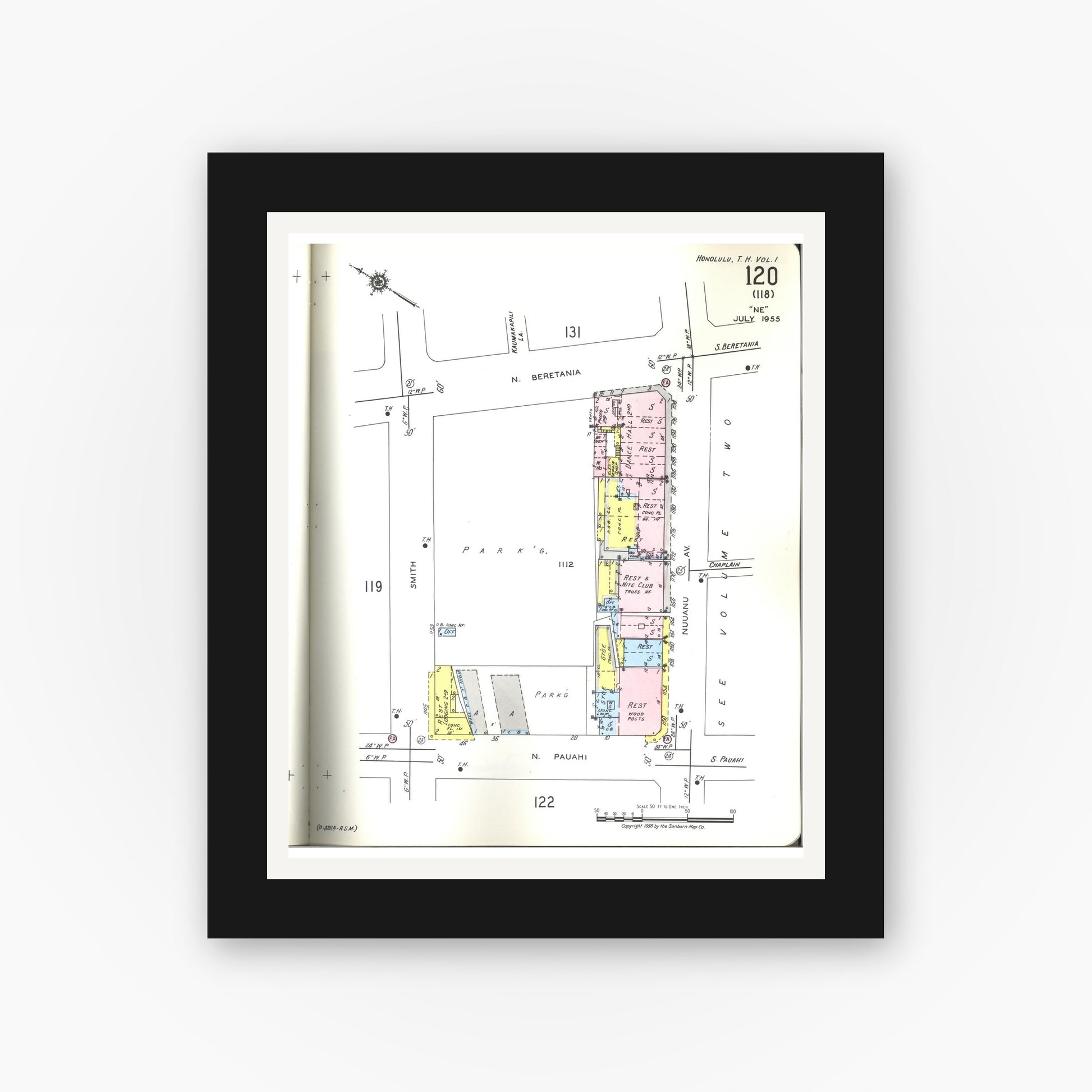 Old map wall art mockup — black gallery frame with white mat — Sanborn Fire Insurance Map from Honolulu, Oahu County, Hawaii (1955), Sheet #0120