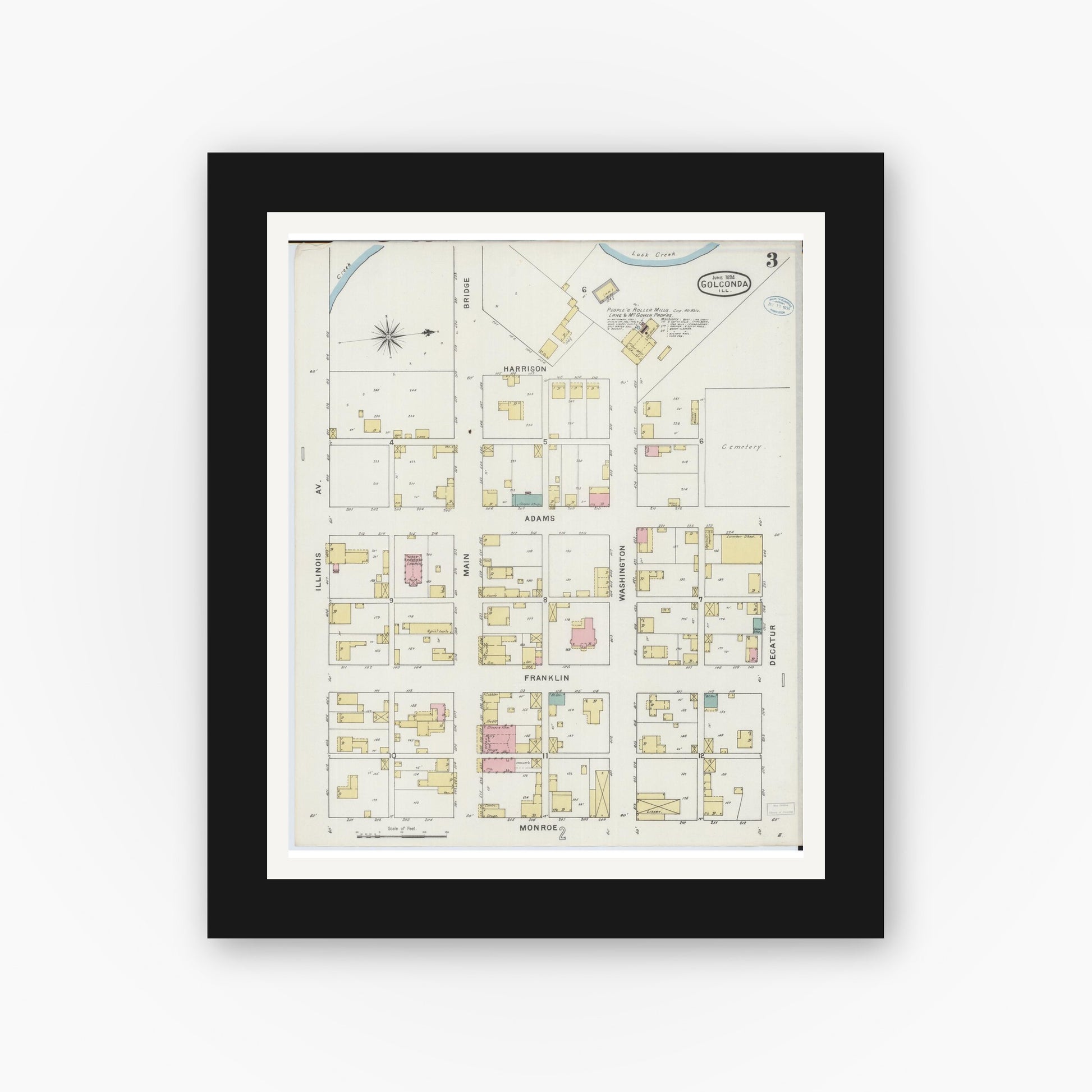 Old map wall art mockup — black gallery frame with white mat — Sanborn Fire Insurance Map from Golconda, Pope County, Illinois (1894), Sheet #0003