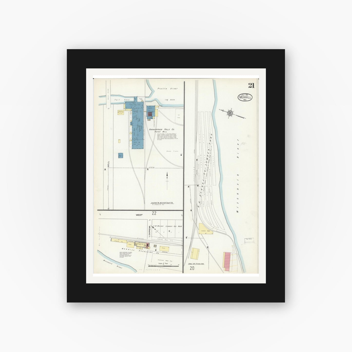 Old map wall art mockup — black gallery frame with white mat — Sanborn Fire Insurance Map from Merrill, Lincoln County, Wisconsin (1913), Sheet #0021