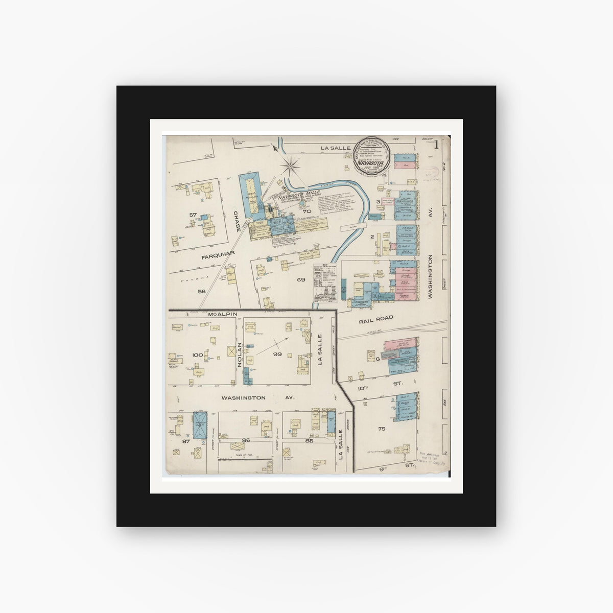 Old map wall art mockup — black gallery frame with white mat — Sanborn Fire Insurance Map from Navasota, Grimes County, Texas (1885) - Complete Map Set