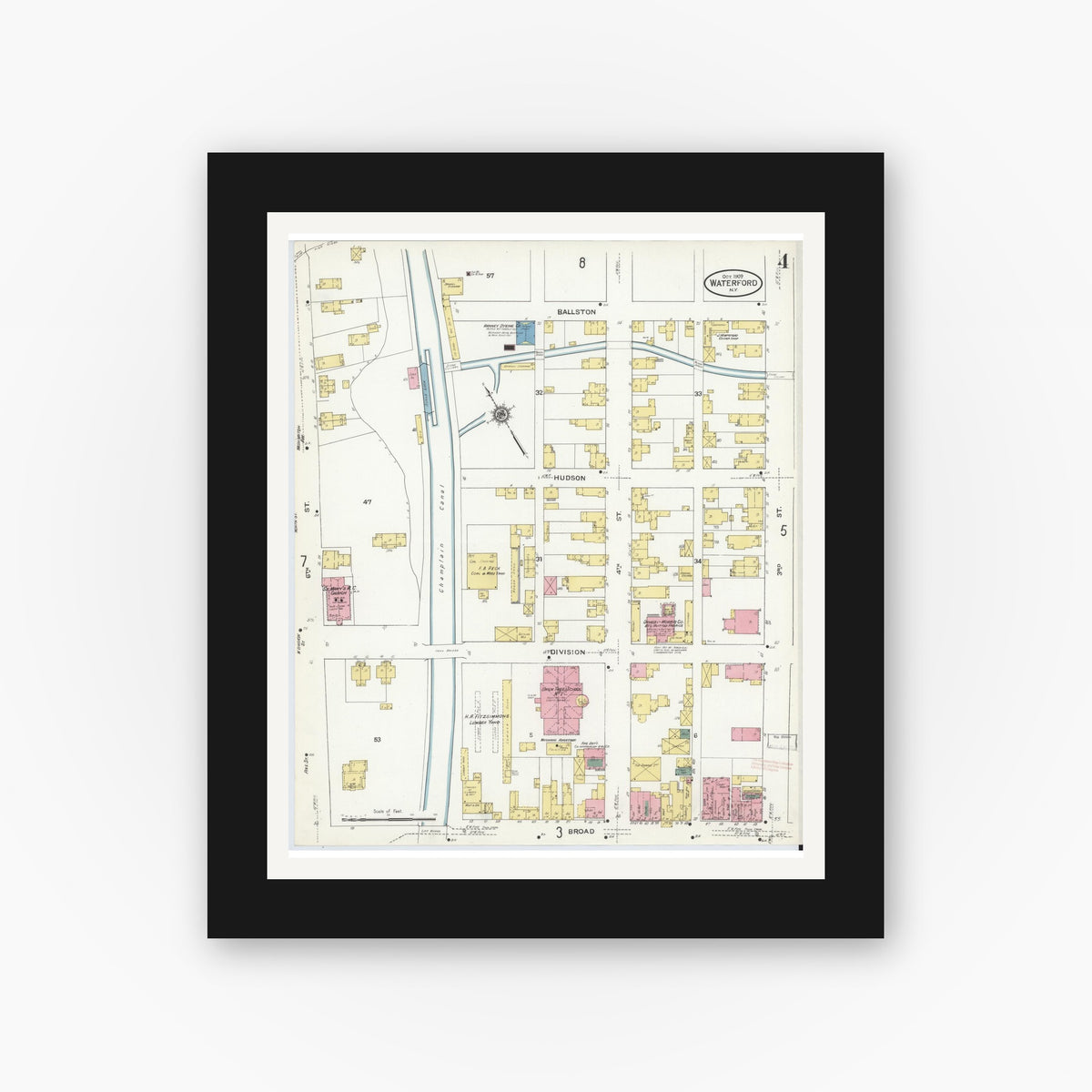 Old map wall art mockup — black gallery frame with white mat — Sanborn Fire Insurance Map from Waterford, Saratoga County, New York (1909), Sheet #0004