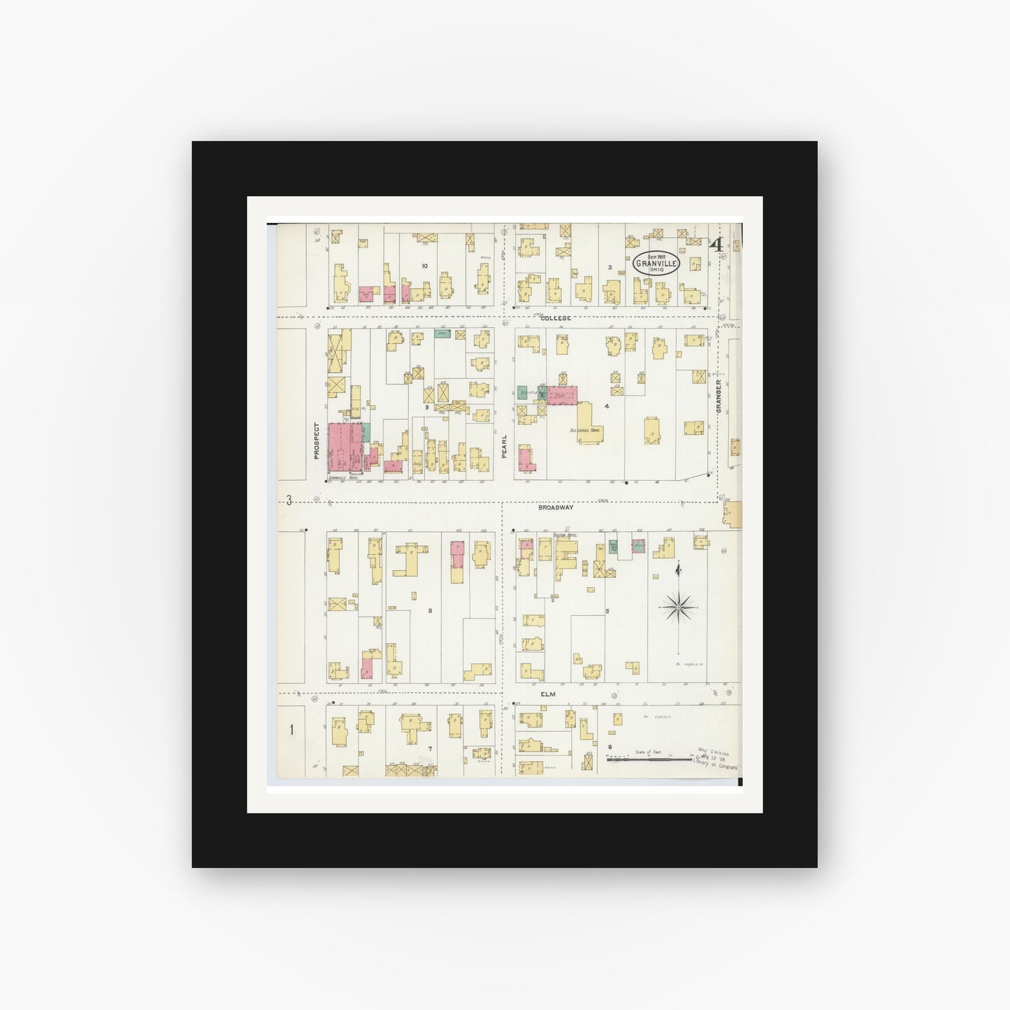 Old map wall art mockup — black gallery frame with white mat — Sanborn Fire Insurance Map from Granville, Licking County, Ohio (1905), Sheet #0004