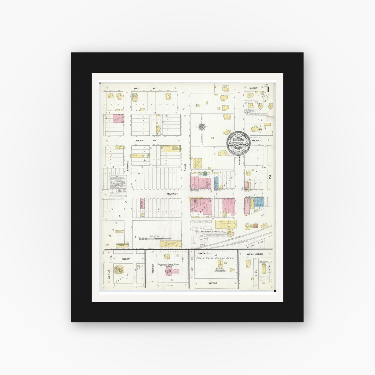 Old map wall art mockup — black gallery frame with white mat — Sanborn Fire Insurance Map from Christopher, Franklin County, Illinois (1910) - Complete Map Set