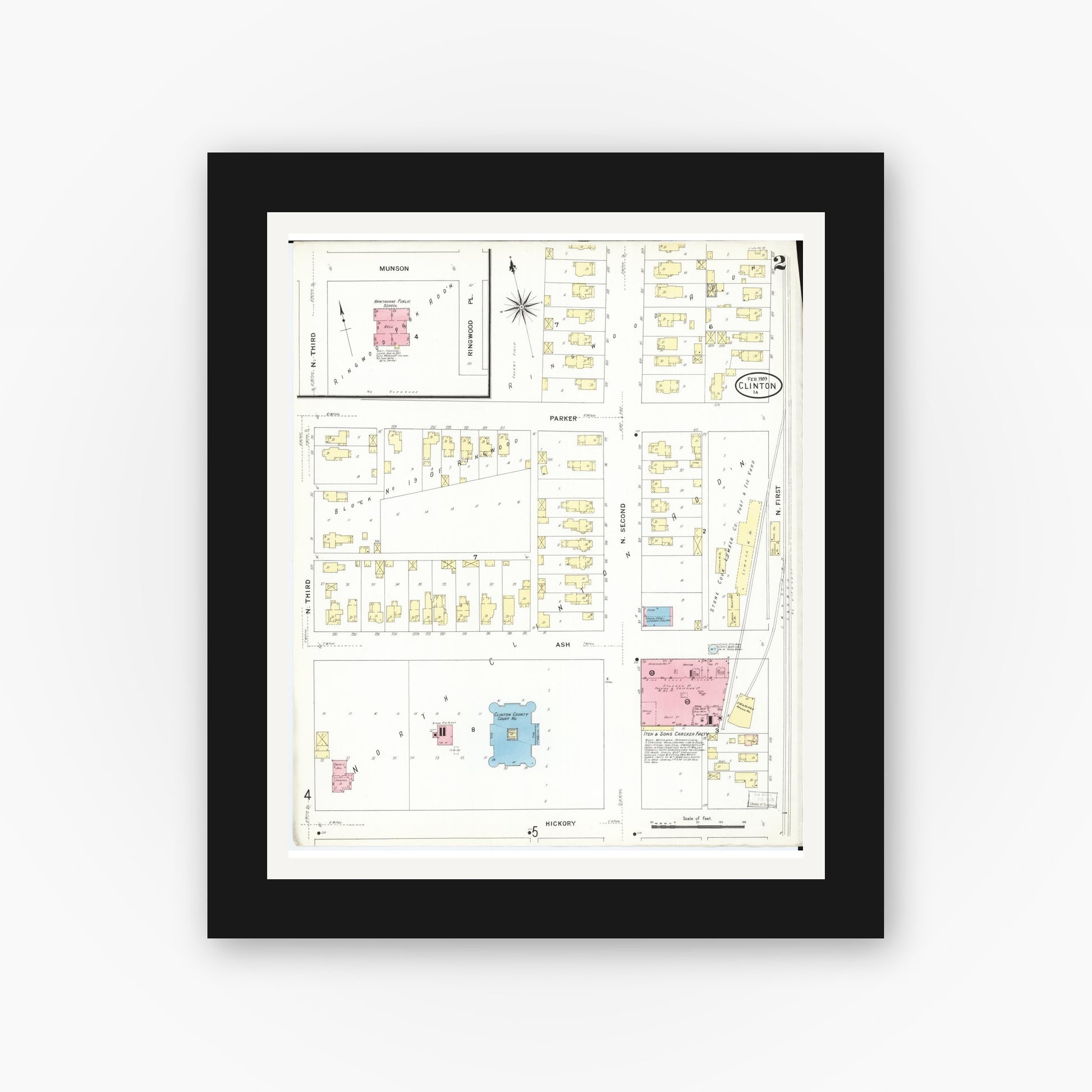 Old map wall art mockup — black gallery frame with white mat — Sanborn Fire Insurance Map from Clinton, Clinton County, Iowa (1909), Sheet #0002