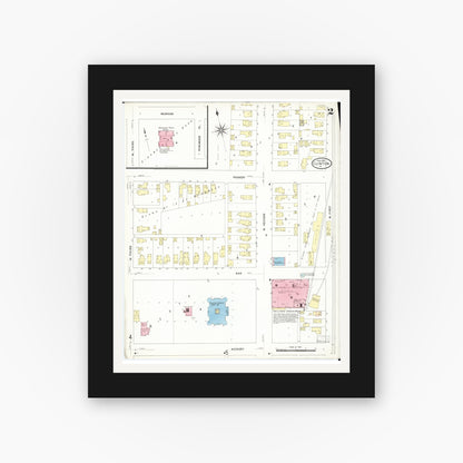 Old map wall art mockup — black gallery frame with white mat — Sanborn Fire Insurance Map from Clinton, Clinton County, Iowa (1909), Sheet #0002
