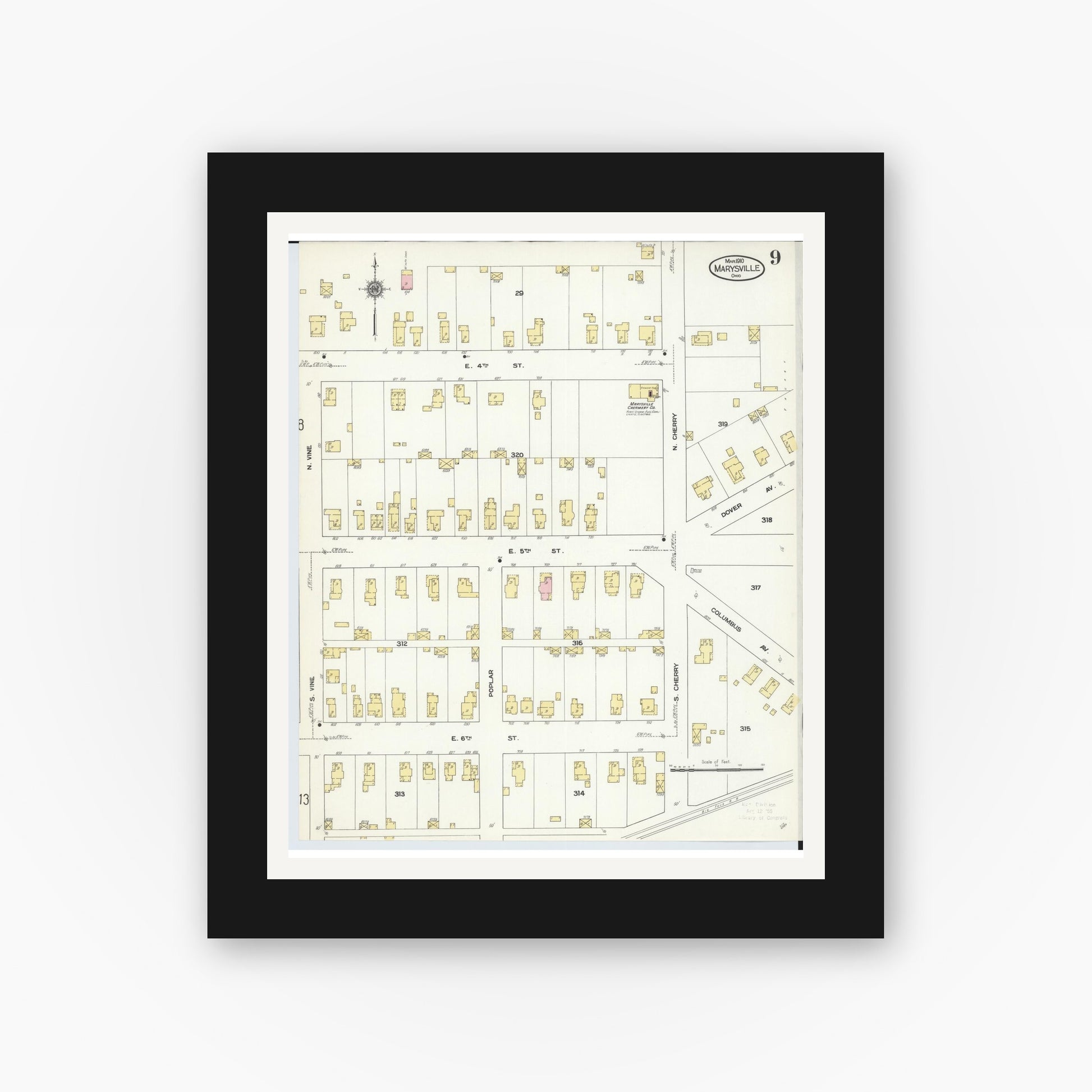 Old map wall art mockup — black gallery frame with white mat — Sanborn Fire Insurance Map from Marysville, Union County, Ohio (1910), Sheet #0009