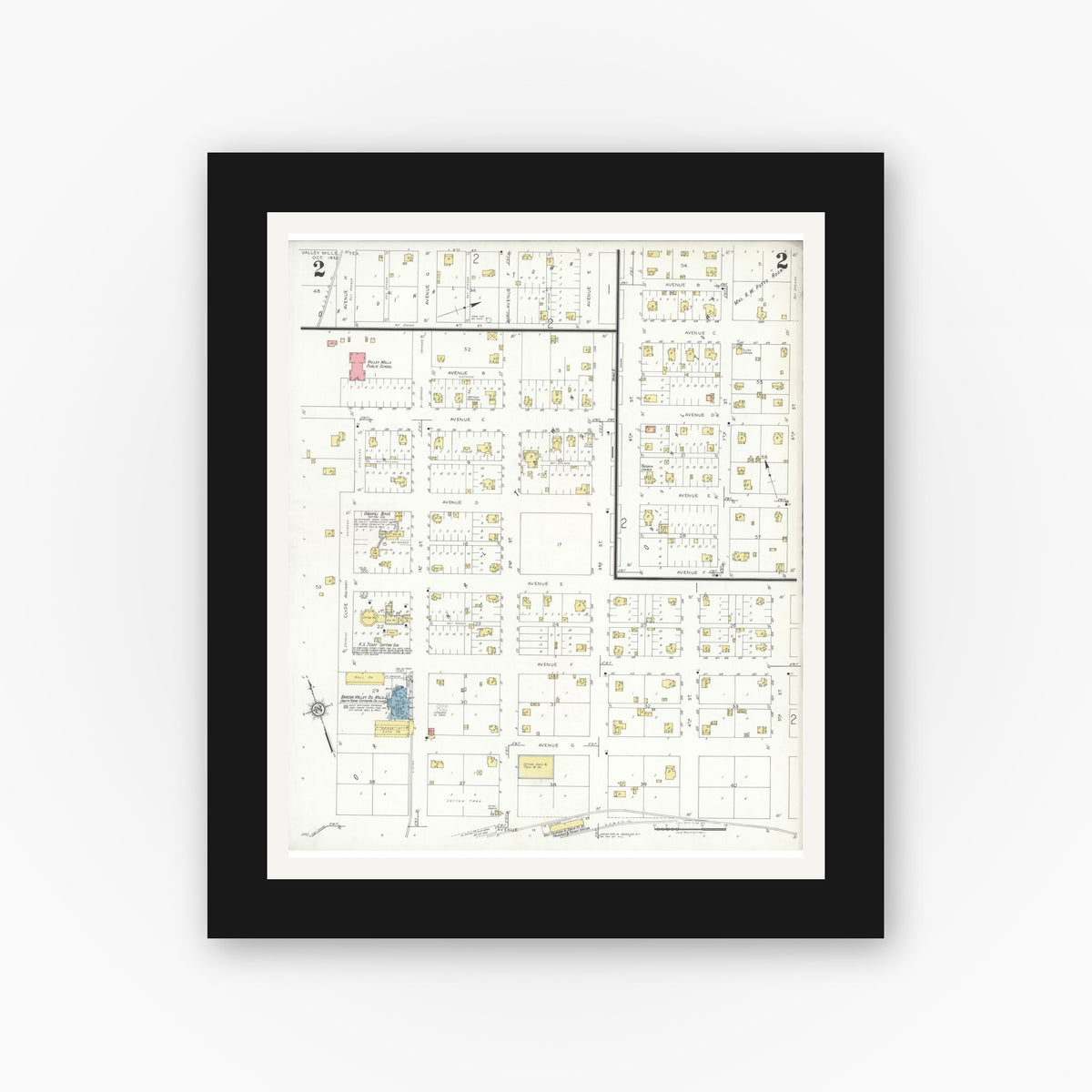 Old map wall art mockup — black gallery frame with white mat — Sanborn Fire Insurance Map from Valley Mills, Bosque County, Texas (1932), Sheet #0002