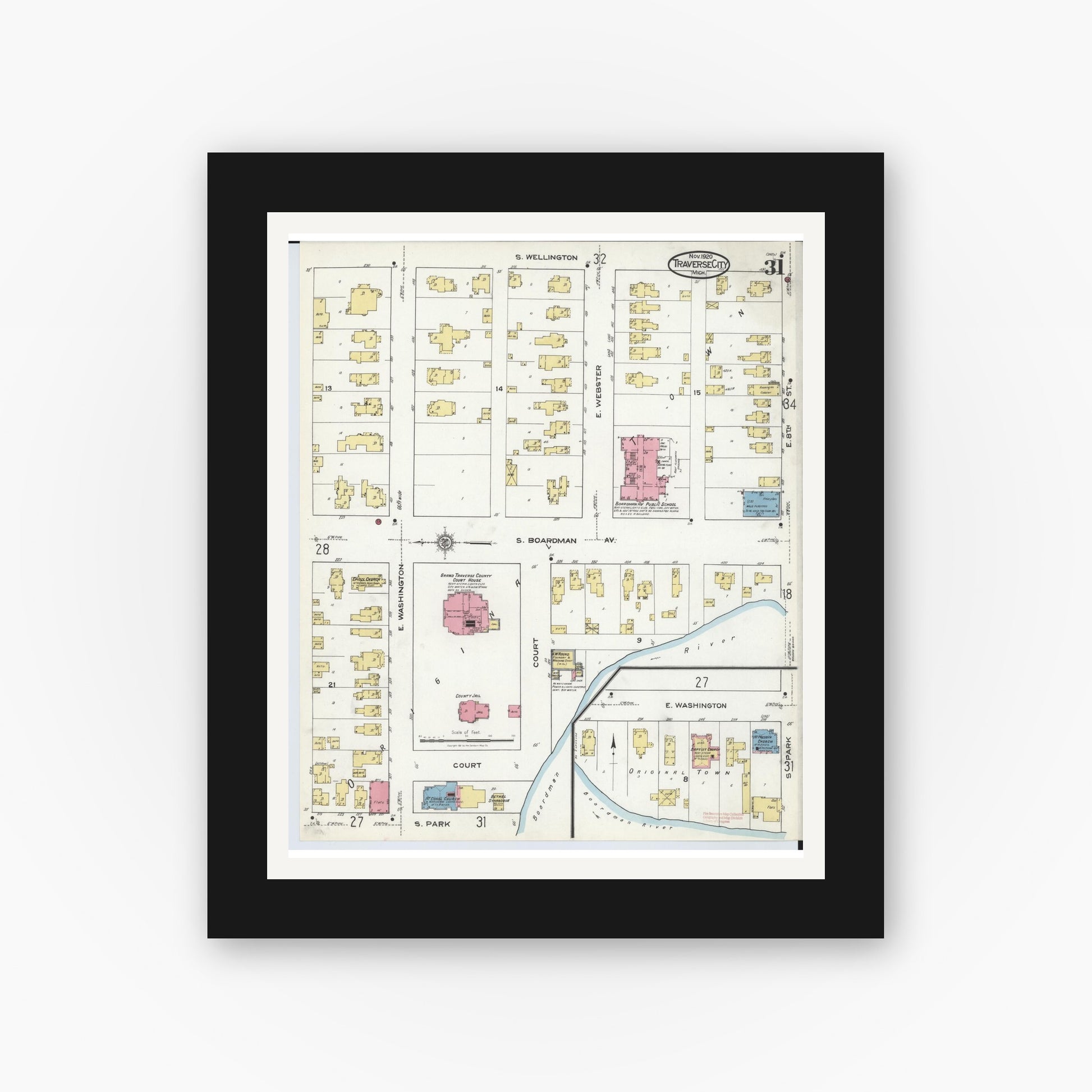 Old map wall art mockup — black gallery frame with white mat — Sanborn Fire Insurance Map from Traverse City, Grand Traverse County, Michigan (1920), Sheet #0031