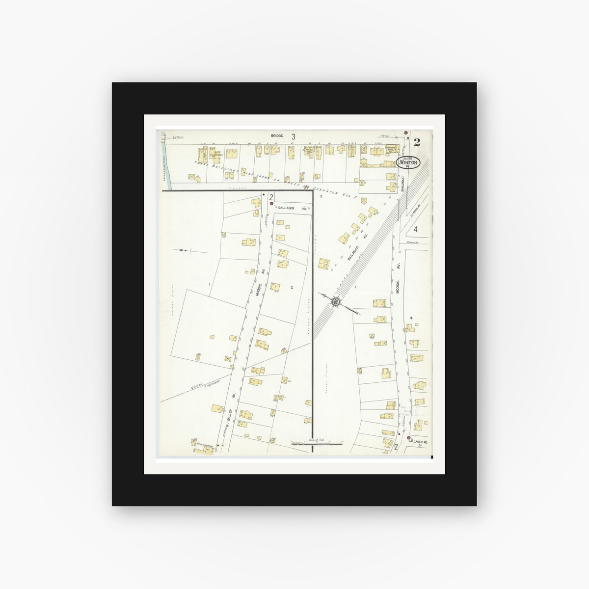 Old map wall art mockup — black gallery frame with white mat — Sanborn Fire Insurance Map from Winton, Lackawanna County, Pennsylvania (1912), Sheet #0002