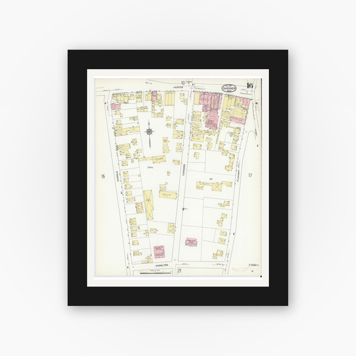 Old map wall art mockup — black gallery frame with white mat — Sanborn Fire Insurance Map from Gardner, Worcester County, Massachusetts (1914), Sheet #0016