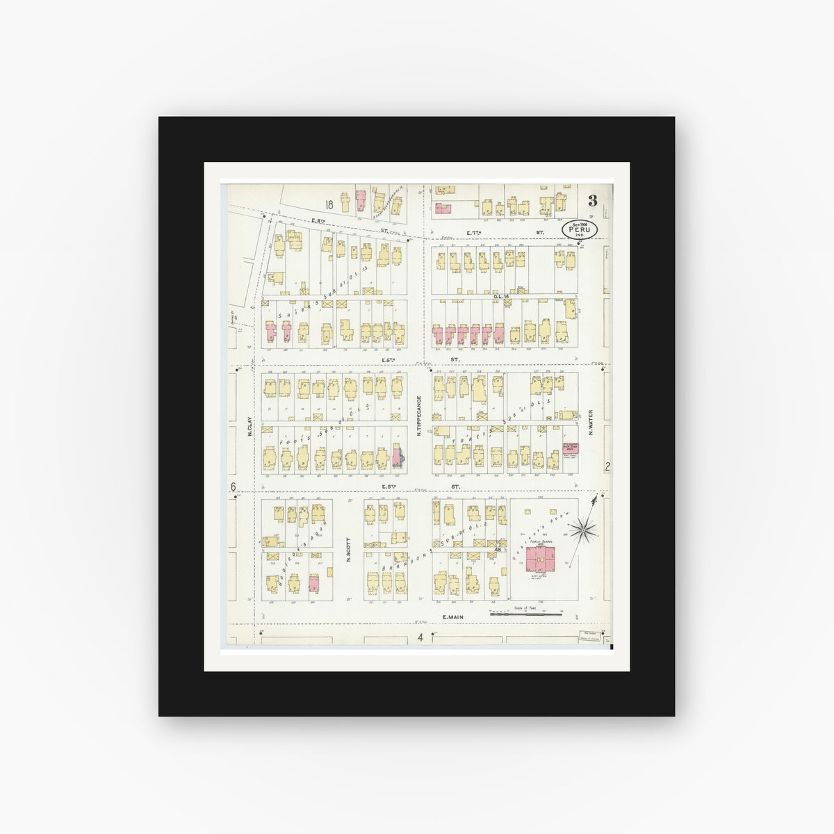 Old map wall art mockup — black gallery frame with white mat — Sanborn Fire Insurance Map from Peru, Miami County, Indiana (1906), Sheet #0003