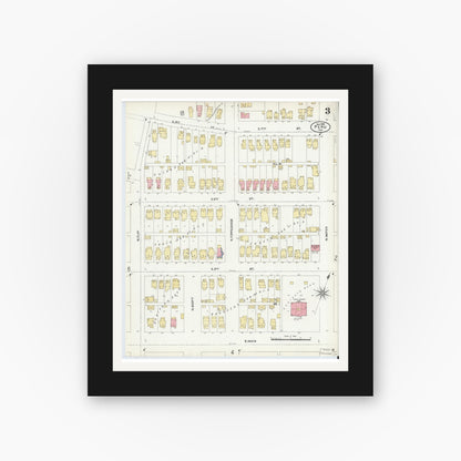 Old map wall art mockup — black gallery frame with white mat — Sanborn Fire Insurance Map from Peru, Miami County, Indiana (1906), Sheet #0003