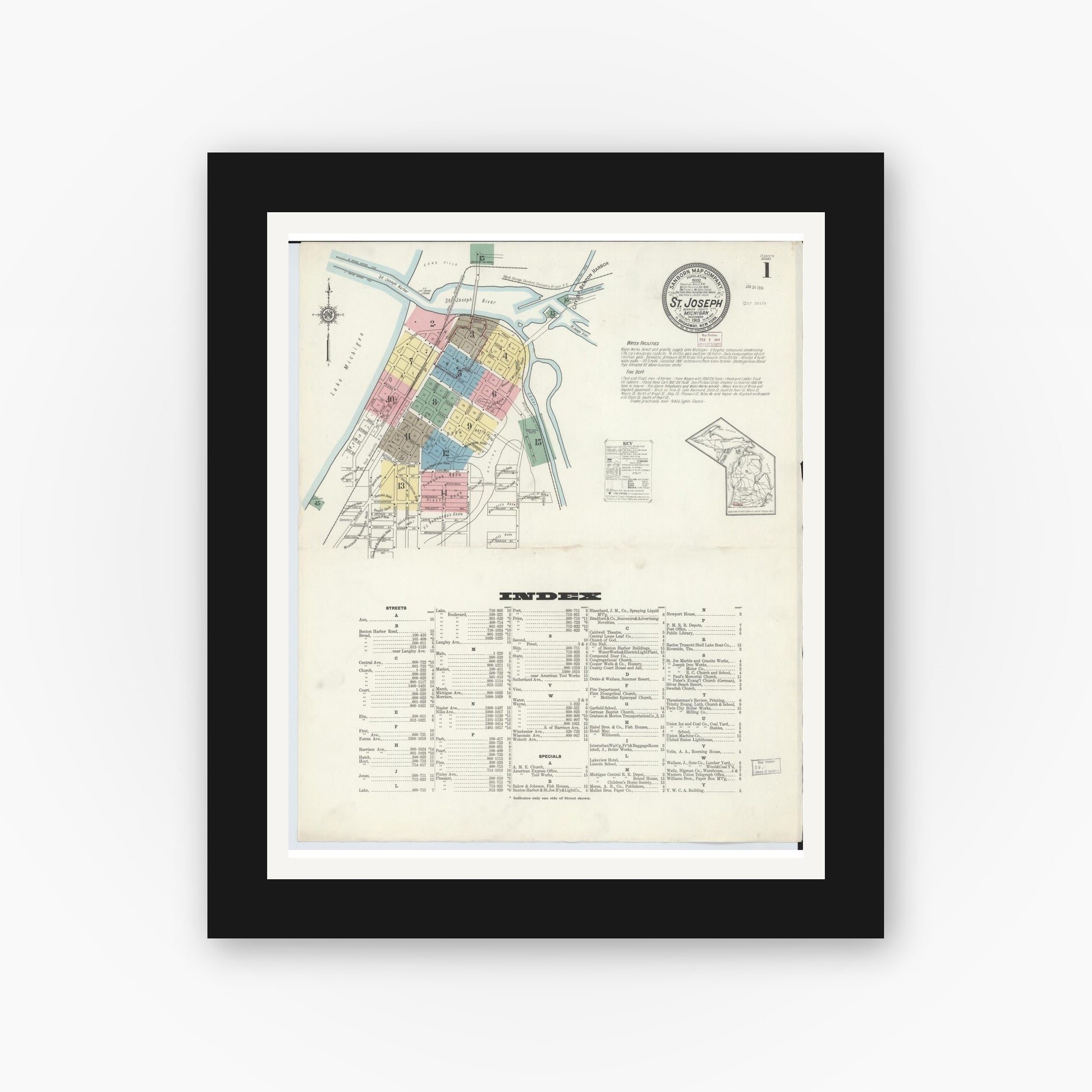 Old map wall art mockup — black gallery frame with white mat — Sanborn Fire Insurance Map from Saint Joseph, Berrien County, Michigan (1913) - Complete Map Set