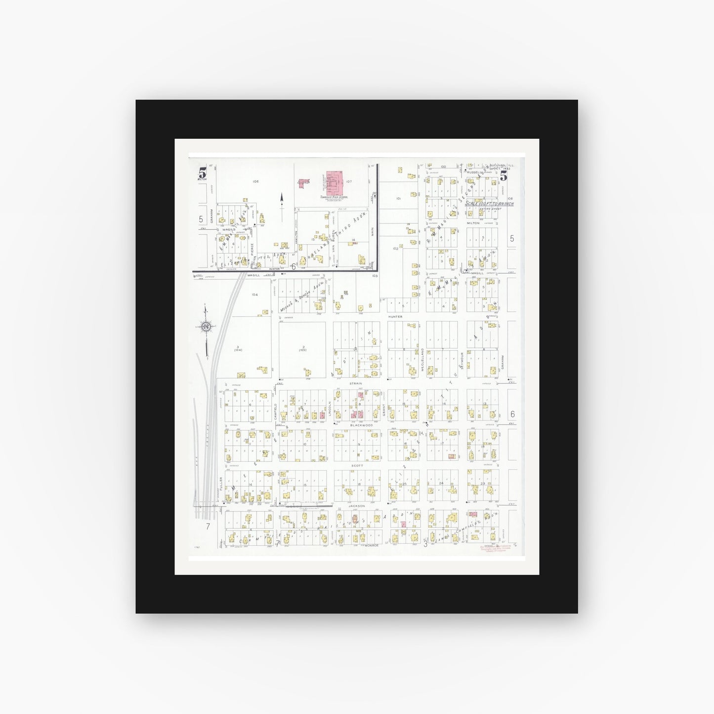 Old map wall art mockup — black gallery frame with white mat — Sanborn Fire Insurance Map from Sullivan, Moultrie County, Illinois (1932), Sheet #0005