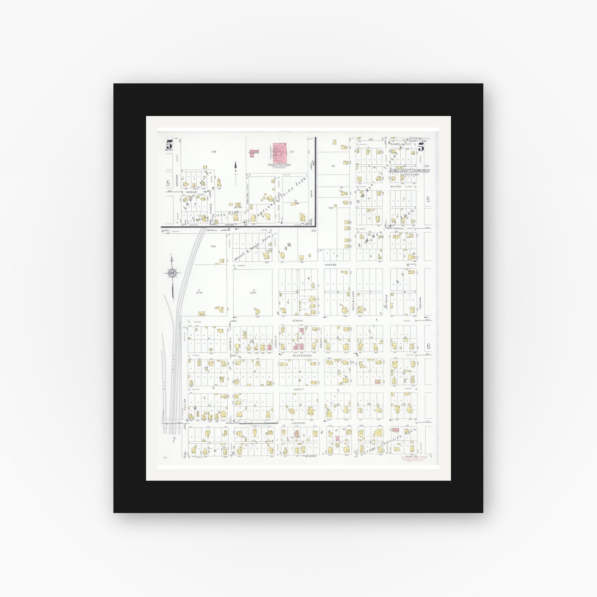 Old map wall art mockup — black gallery frame with white mat — Sanborn Fire Insurance Map from Sullivan, Moultrie County, Illinois (1932), Sheet #0005