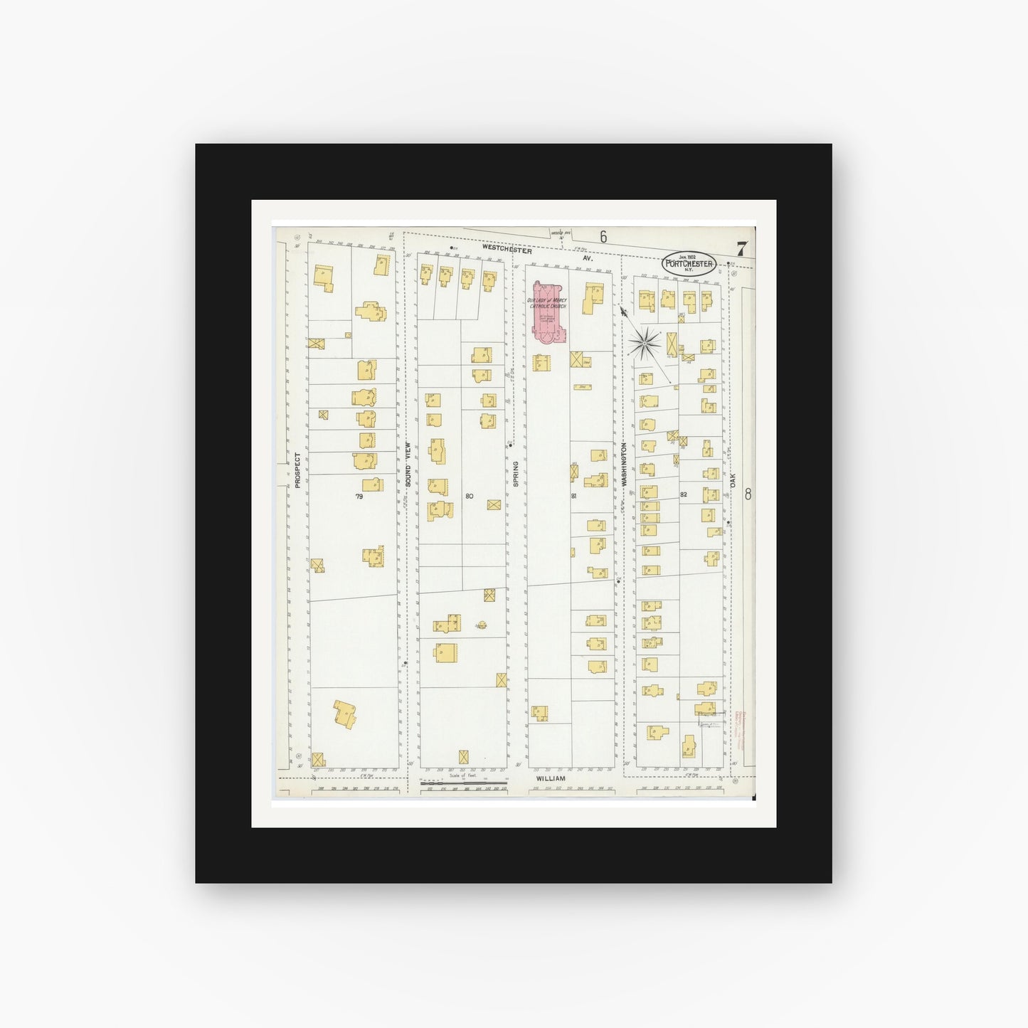 Old map wall art mockup — black gallery frame with white mat — Sanborn Fire Insurance Map from Port Chester, Westchester County, New York (1902), Sheet #0007
