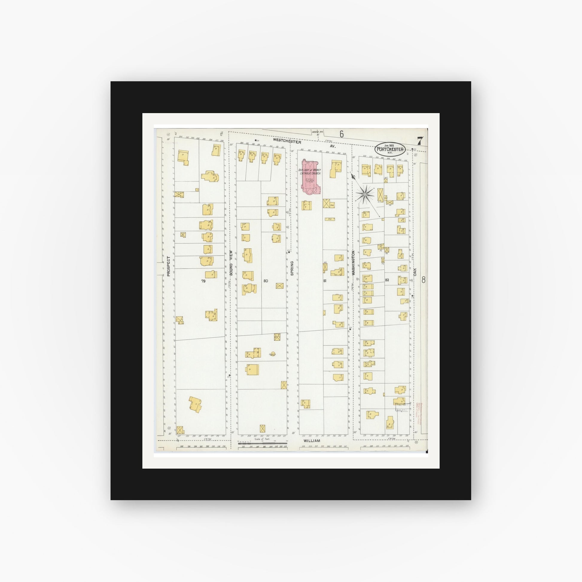 Old map wall art mockup — black gallery frame with white mat — Sanborn Fire Insurance Map from Port Chester, Westchester County, New York (1902), Sheet #0007
