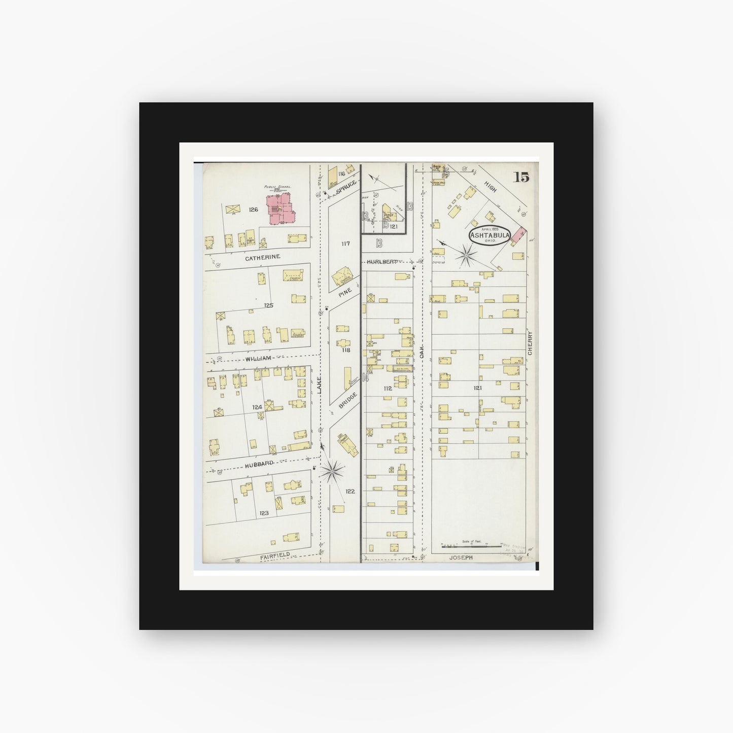Old map wall art mockup — black gallery frame with white mat — Sanborn Fire Insurance Map from Ashtabula, Ashtabula County, Ohio (1893), Sheet #0015