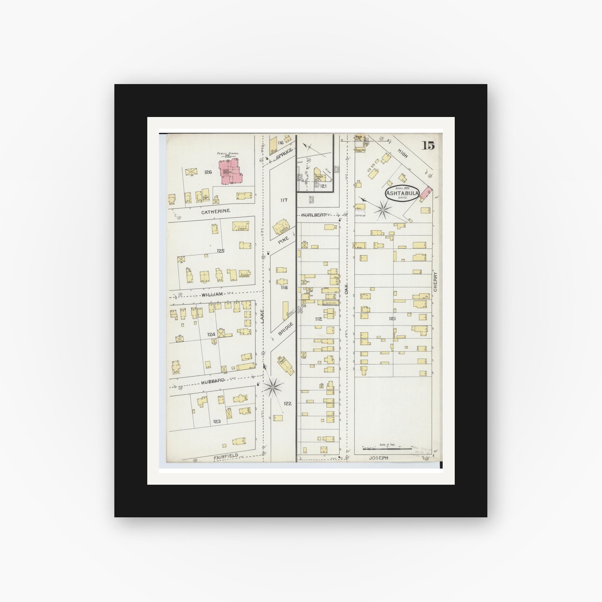 Old map wall art mockup — black gallery frame with white mat — Sanborn Fire Insurance Map from Ashtabula, Ashtabula County, Ohio (1893), Sheet #0015