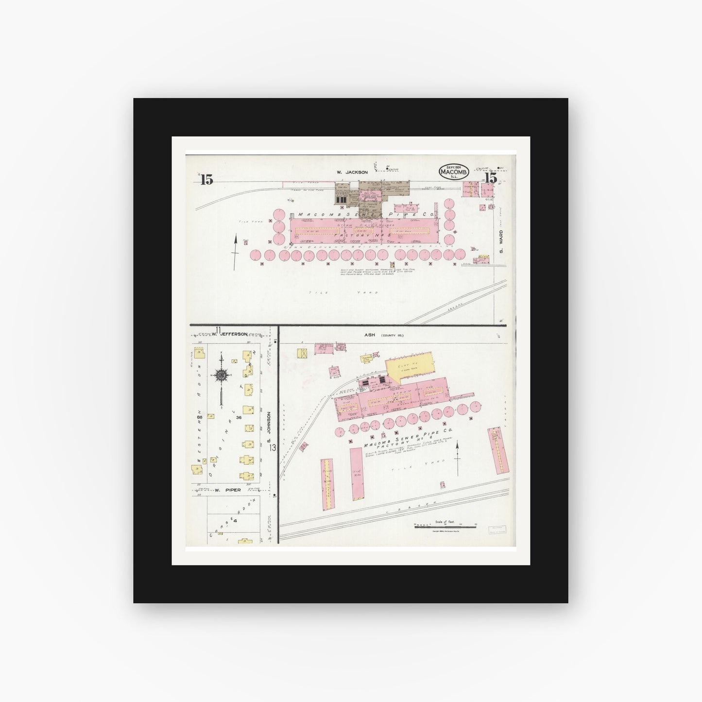 Old map wall art mockup — black gallery frame with white mat — Sanborn Fire Insurance Map from Macomb, Mcdonough County, Illinois (1924), Sheet #0015