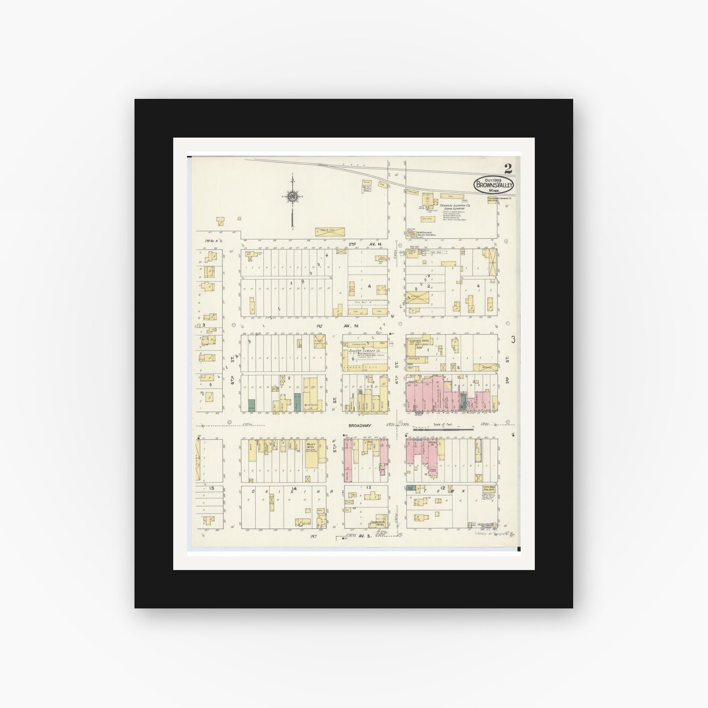 Old map wall art mockup — black gallery frame with white mat — Sanborn Fire Insurance Map from Browns Valley, Traverse County, Minnesota (1909), Sheet #0002
