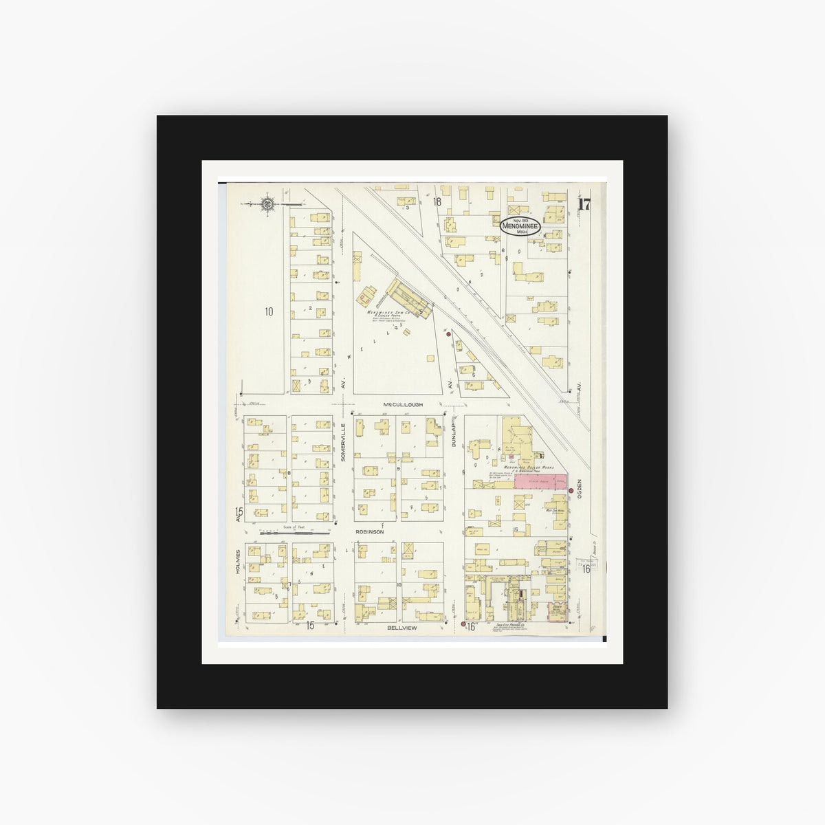 Old map wall art mockup — black gallery frame with white mat — Sanborn Fire Insurance Map from Menominee, Menominee County, Michigan (1913), Sheet #0017
