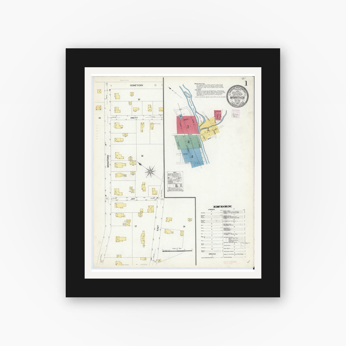 Old map wall art mockup — black gallery frame with white mat — Sanborn Fire Insurance Map from Marathon, Cortland County, New York (1907) - Complete Map Set