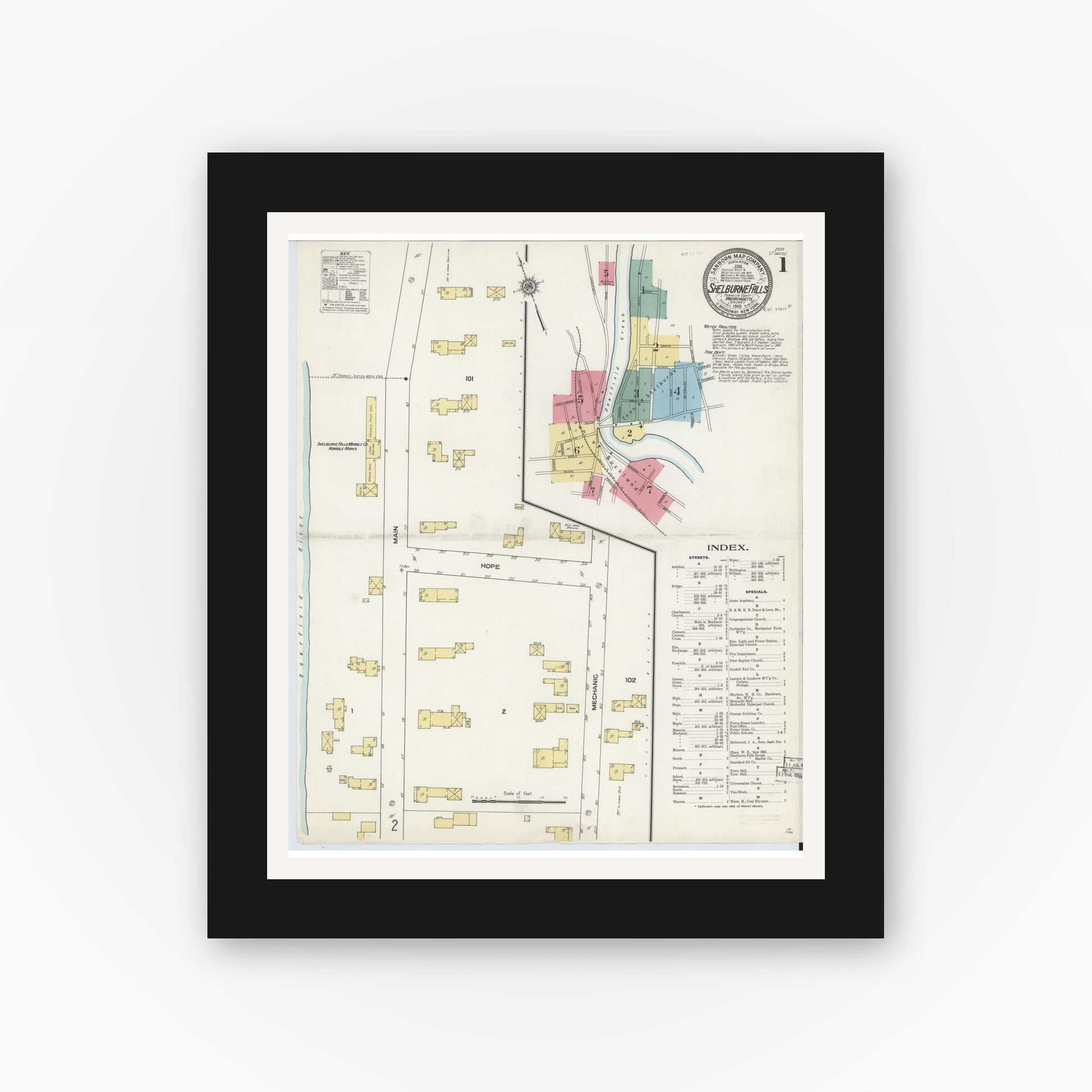 Old map wall art mockup — black gallery frame with white mat — Sanborn Fire Insurance Map from Shelburne Falls, Franklin County, Massachusetts (1910), Sheet #0001
