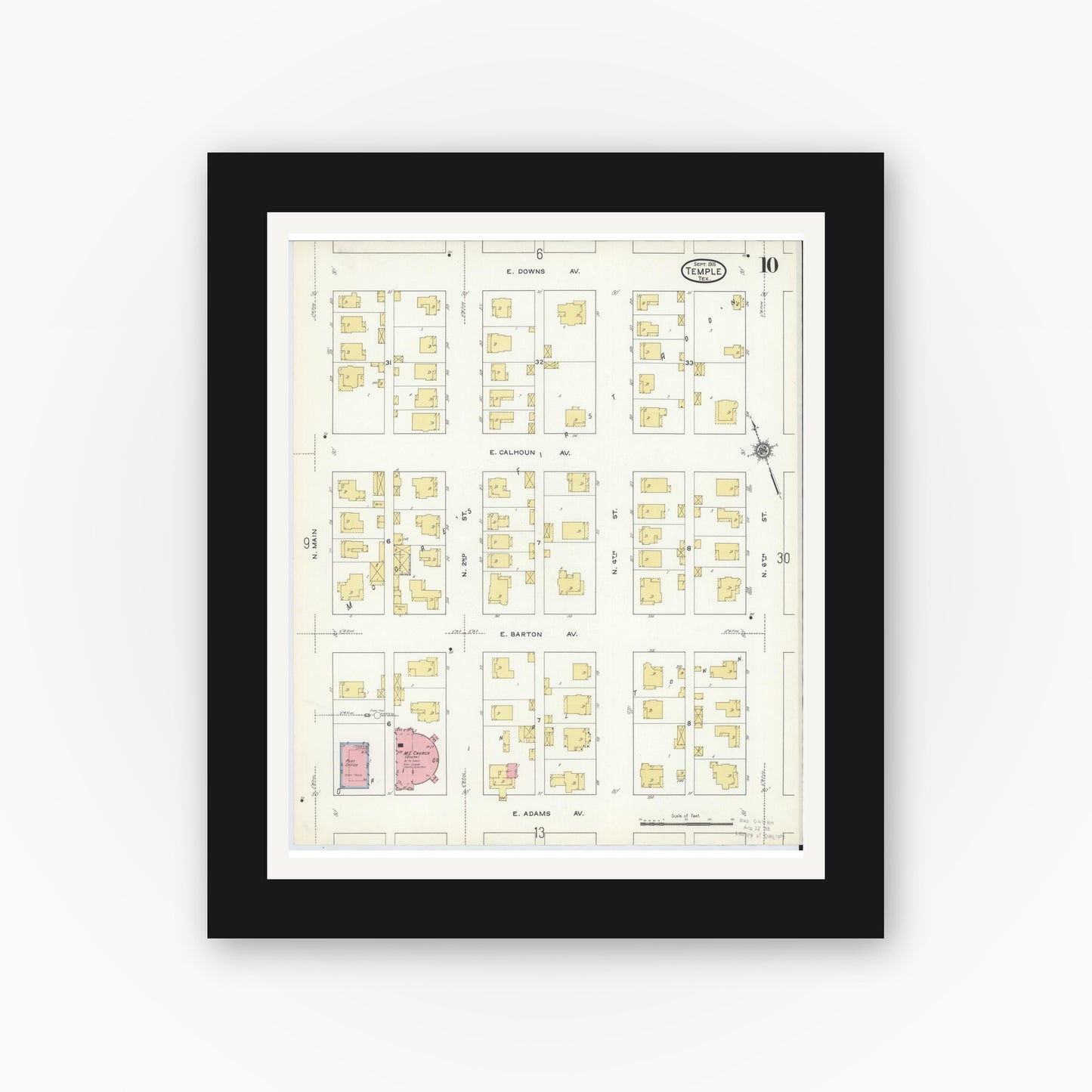 Old map wall art mockup — black gallery frame with white mat — Sanborn Fire Insurance Map from Temple, Bell County, Texas (1915), Sheet #0010