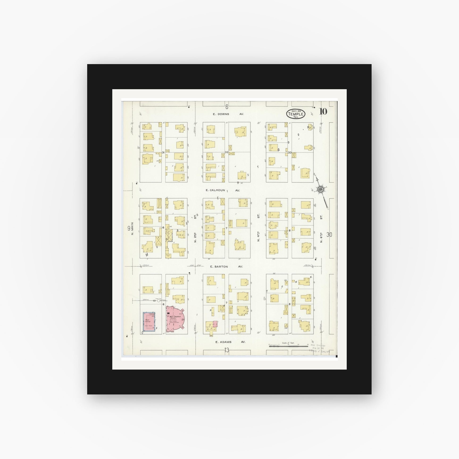 Old map wall art mockup — black gallery frame with white mat — Sanborn Fire Insurance Map from Temple, Bell County, Texas (1915), Sheet #0010