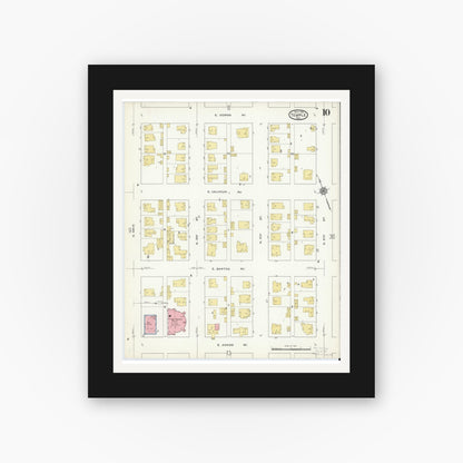 Old map wall art mockup — black gallery frame with white mat — Sanborn Fire Insurance Map from Temple, Bell County, Texas (1915), Sheet #0010