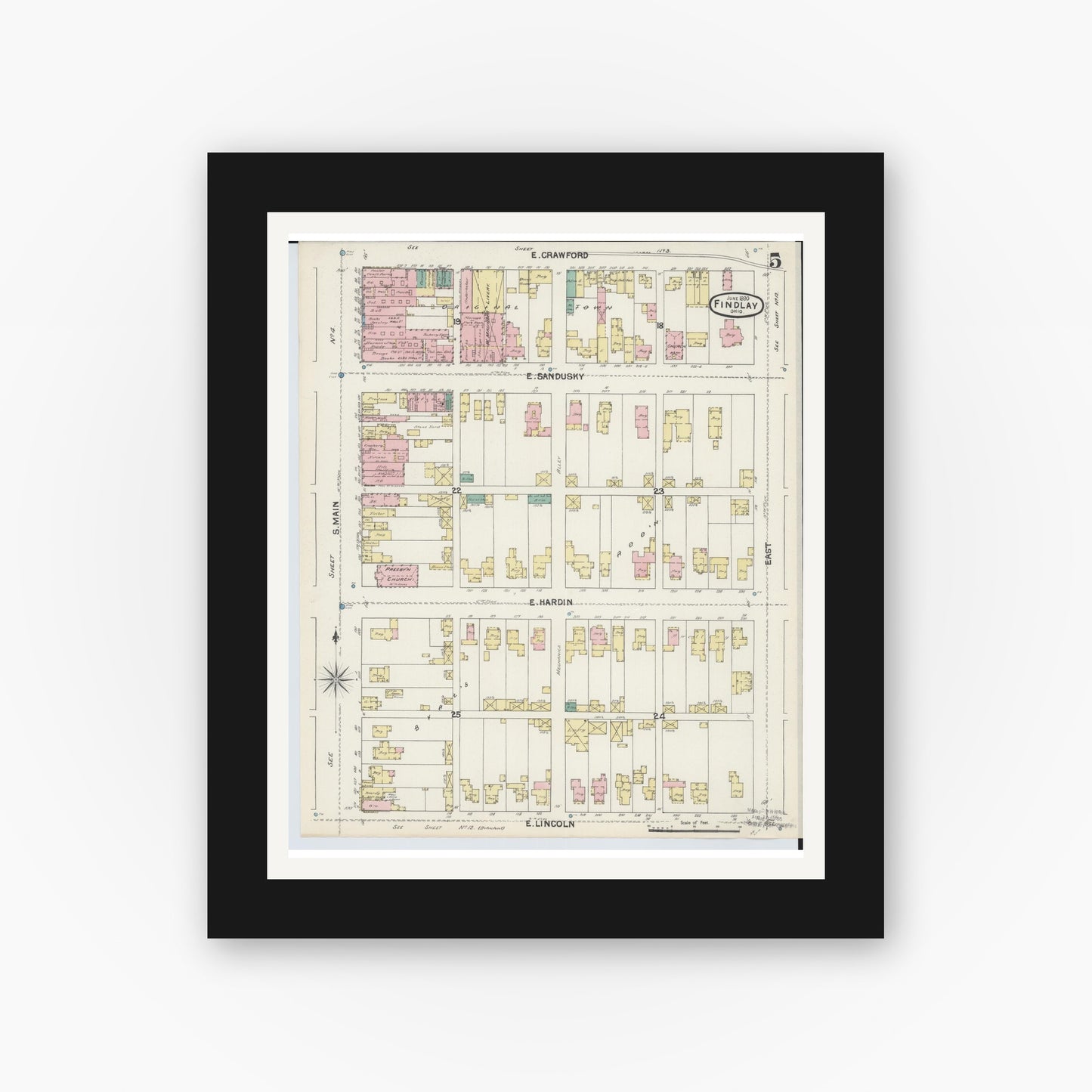 Old map wall art mockup — black gallery frame with white mat — Sanborn Fire Insurance Map from Findlay, Hancock County, Ohio (1890), Sheet #0005