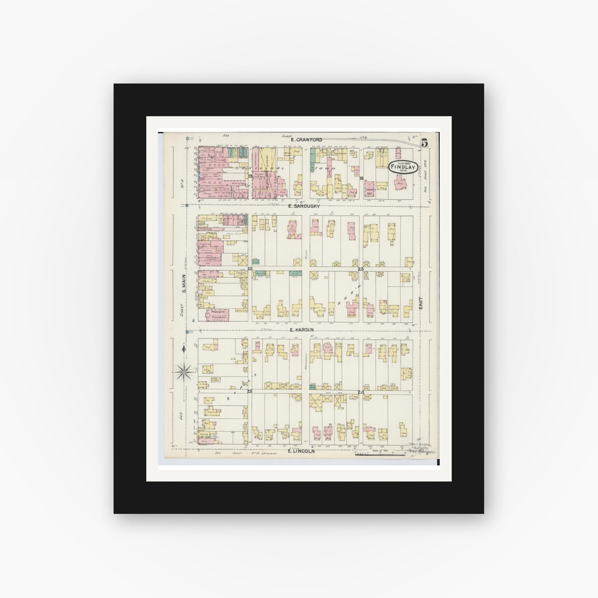Old map wall art mockup — black gallery frame with white mat — Sanborn Fire Insurance Map from Findlay, Hancock County, Ohio (1890), Sheet #0005